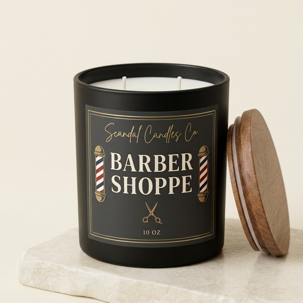 Barber Shoppe candle with charcoal and brass label on ivory stone