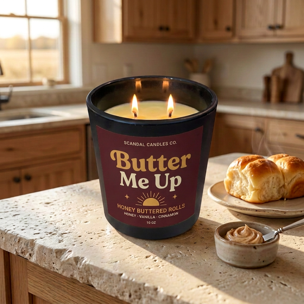 Butter Me Up honey-buttered-rolls candle with a burgundy and honey-gold label, styled with rolls and cinnamon butter