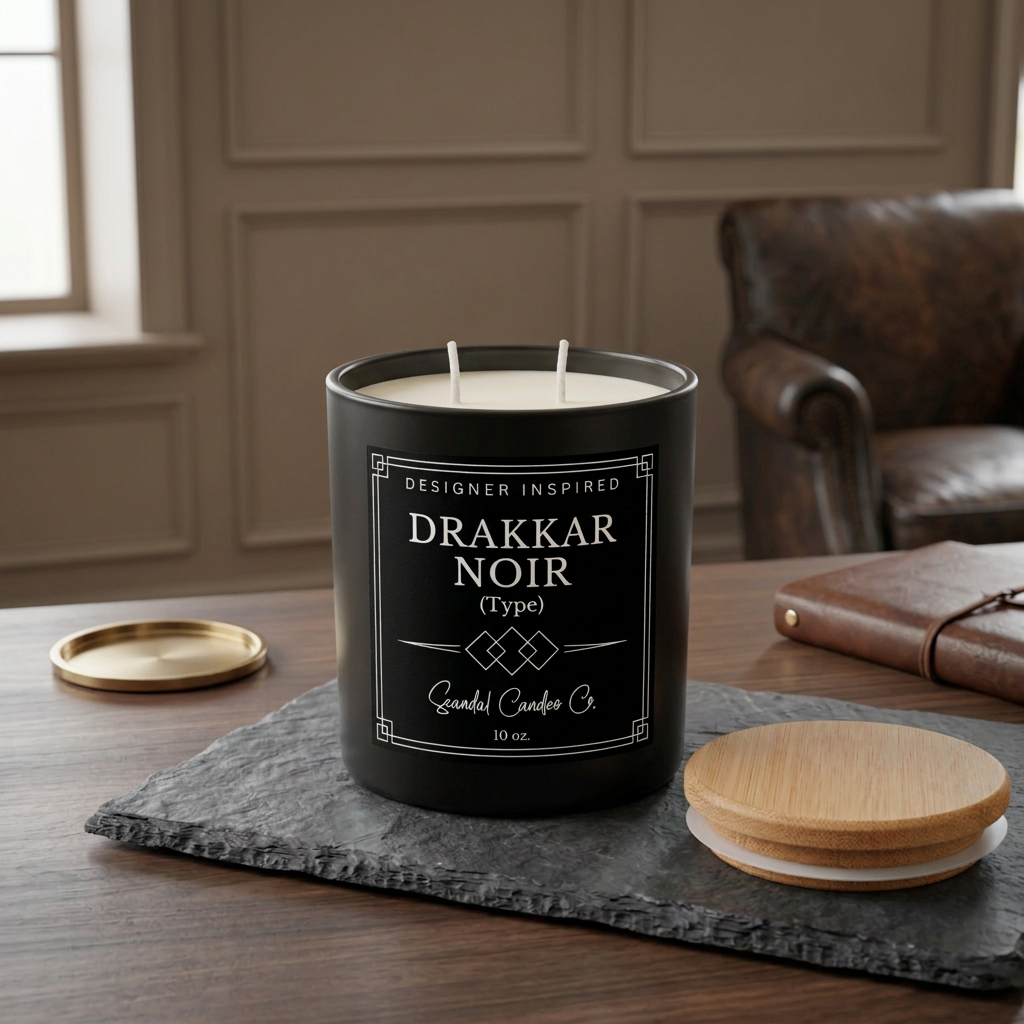 Drakkar Noir candle with Scandal Candles Co. boutique label in an elegant leather-lounge setting