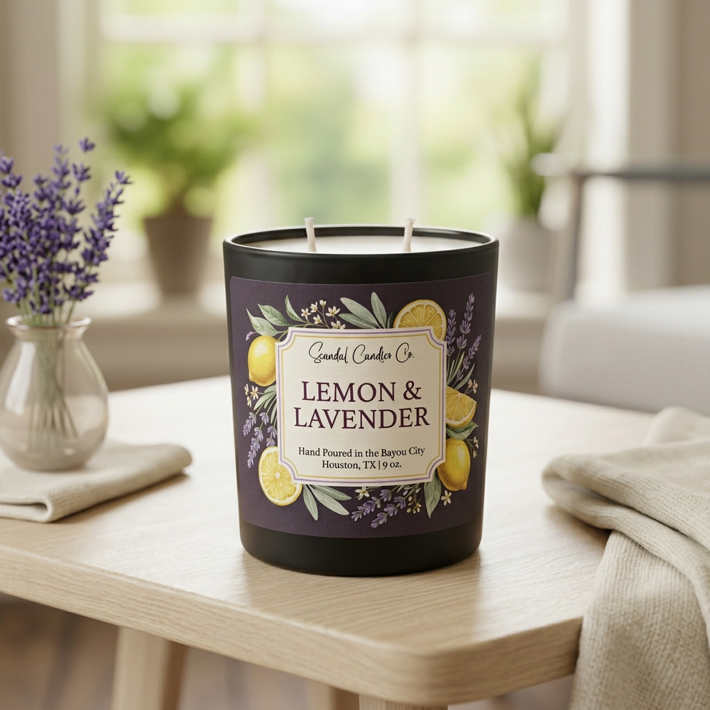 Lemon & Lavender candle with botanical label in an airy living room