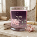 Inner Peace 9 oz pink-wax candle with plum lotus label in a serene spa setting