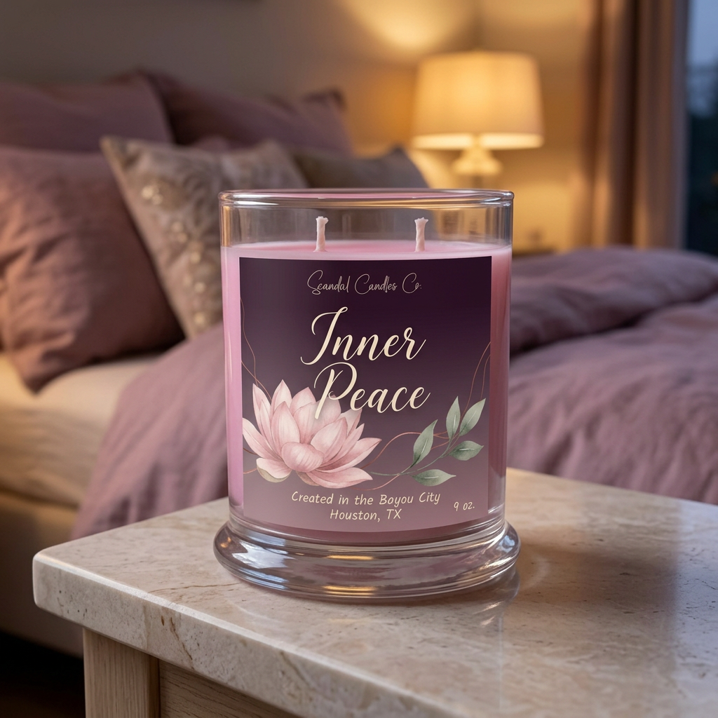 Inner Peace 9 oz pink-wax candle with plum lotus label in a cozy mauve bedroom