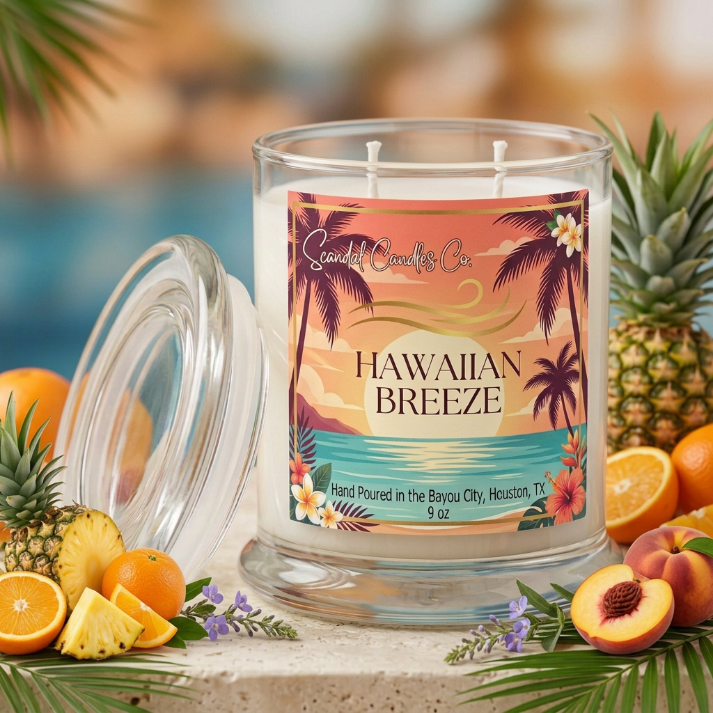Hawaiian Breeze candle styled with tropical fruit and palm leaves