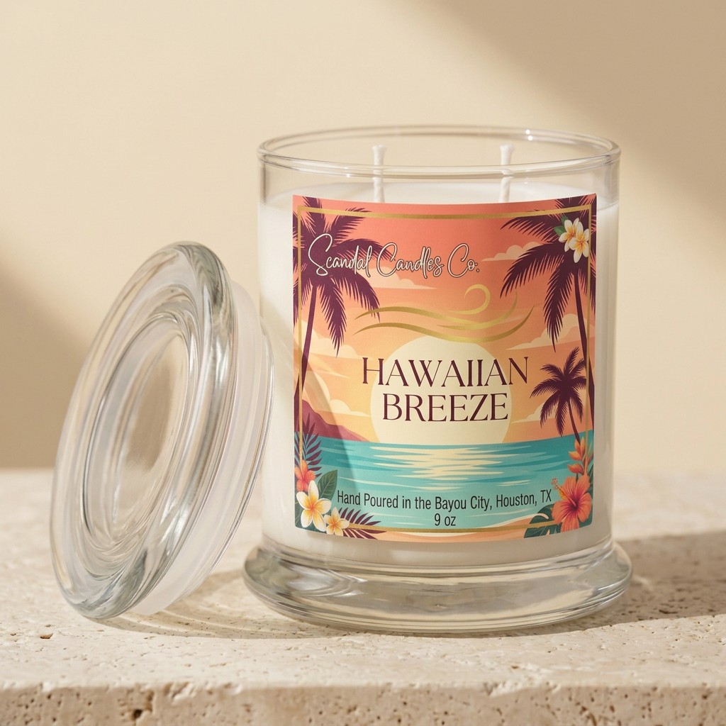 Hawaiian Breeze candle with tropical sunset label on a sandy ivory studio background
