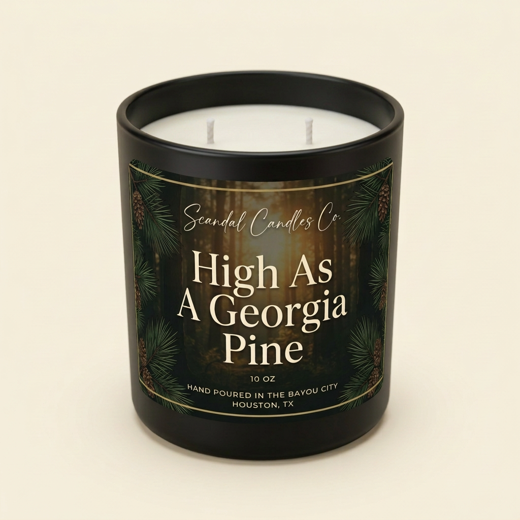High As a Georgia Pine 10 oz candle with white wax and two wicks on an ivory studio background