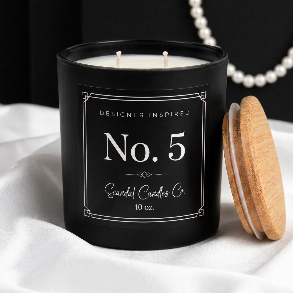 No. 5 candle with Scandal Candles Co. black and white 10 oz label styled with white satin