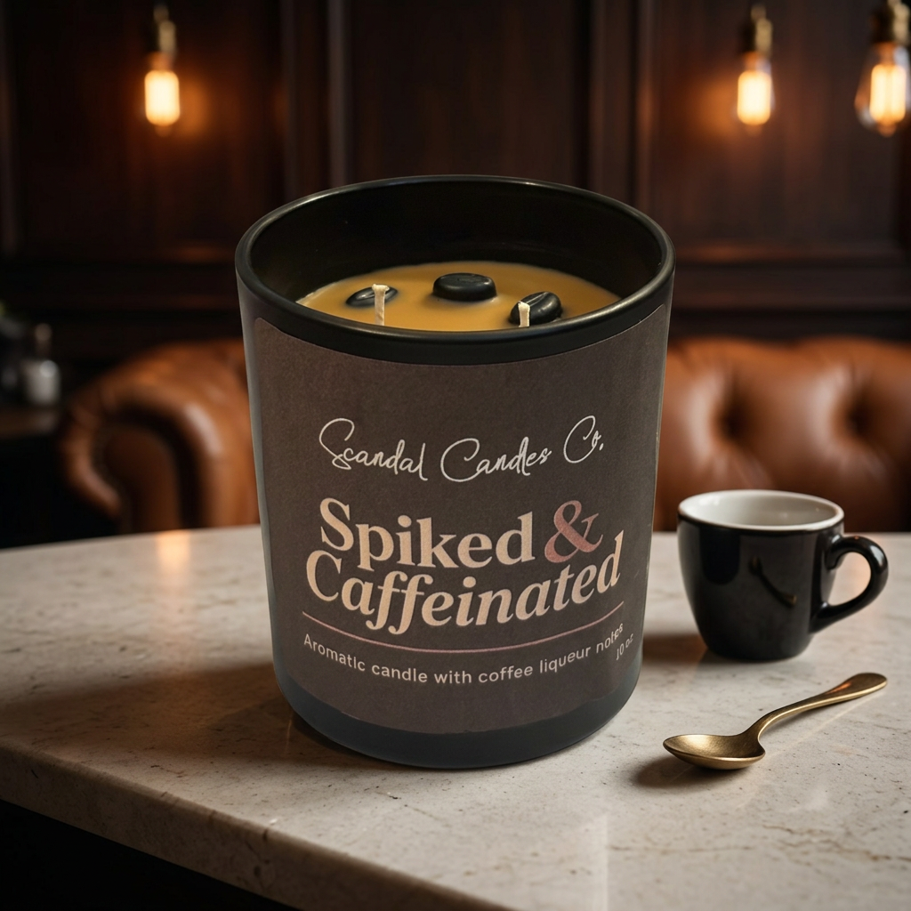 Spiked & Caffeinated candle in a speakeasy coffee lounge