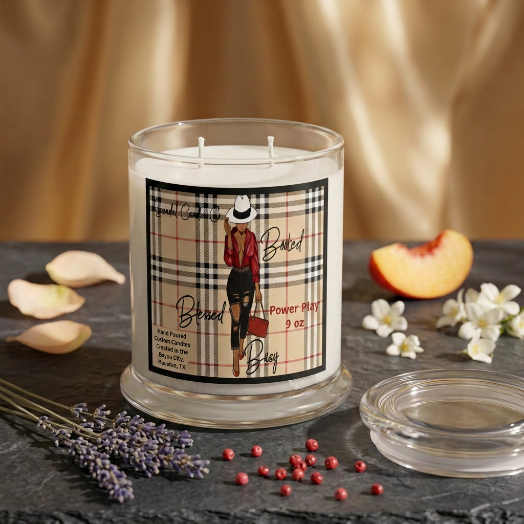 Blessed, Booked & Busy 9 oz candle with beige check-pattern label among lavender, pink peppercorns, peach, and white blossoms