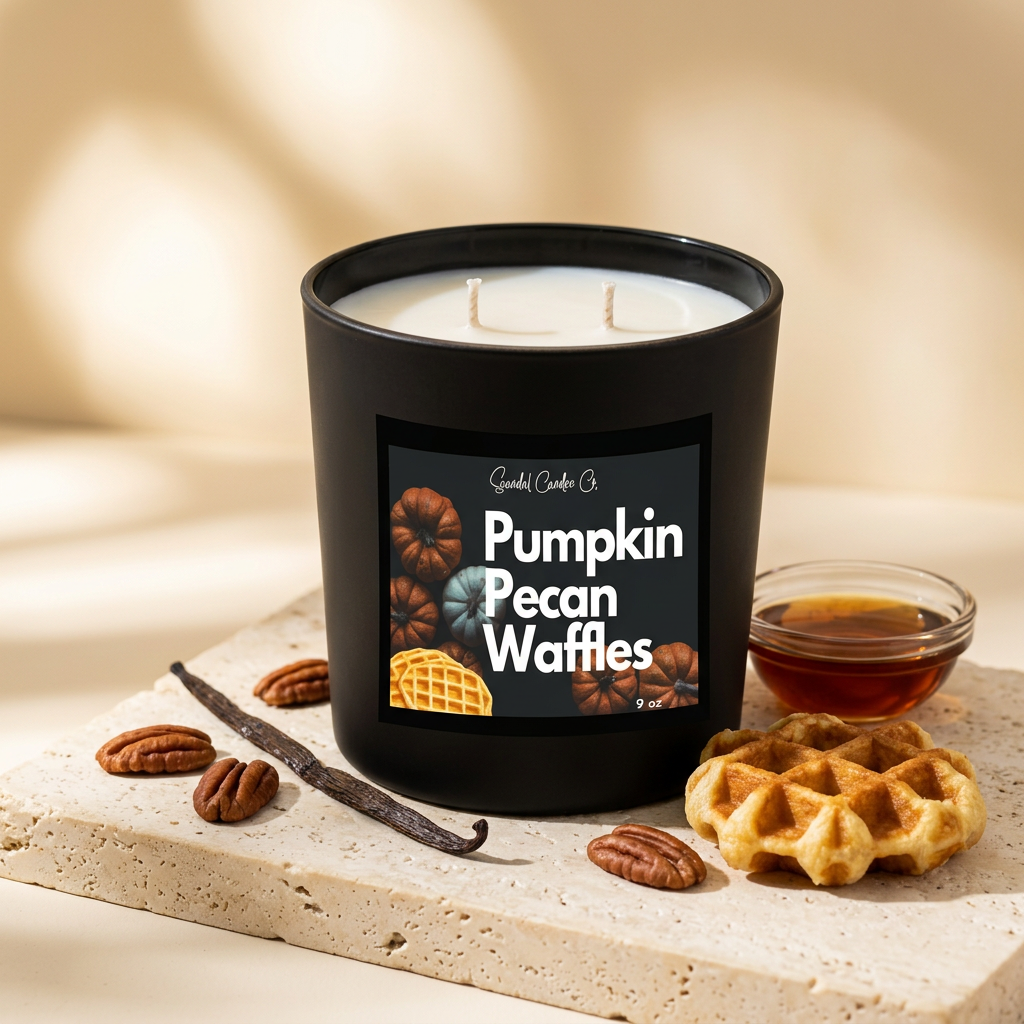 Pumpkin Pecan Waffles candle styled with pecans, vanilla, maple syrup and waffles