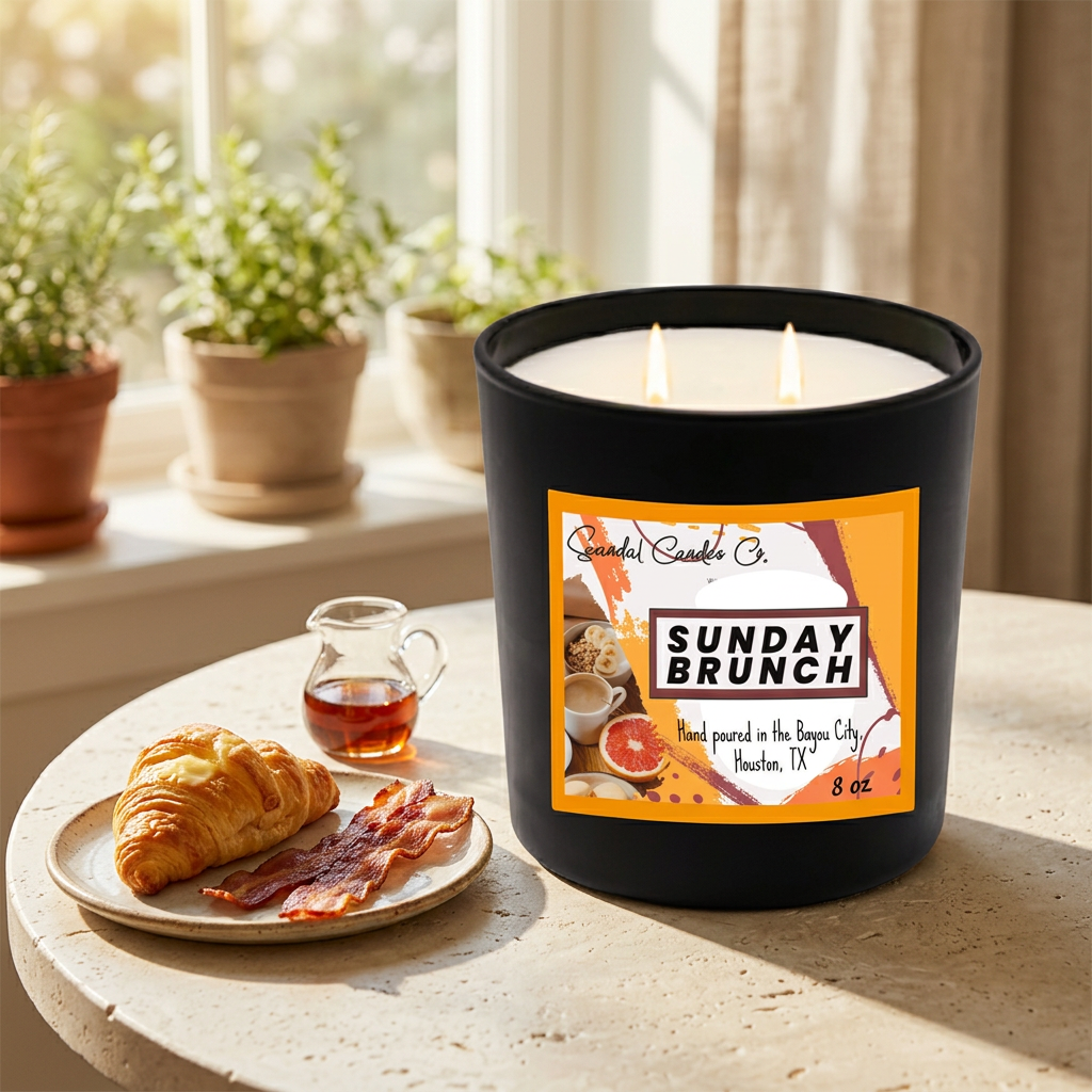 Sunday Brunch candle in a sunlit breakfast nook with buttery pastry and bacon