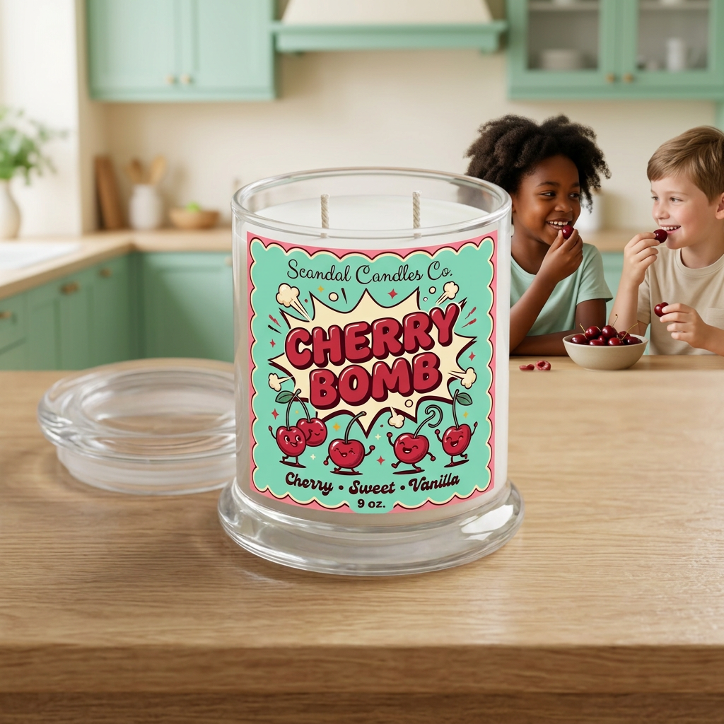 Cherry Bomb candle with retro label in the foreground and two children enjoying cherries in the background