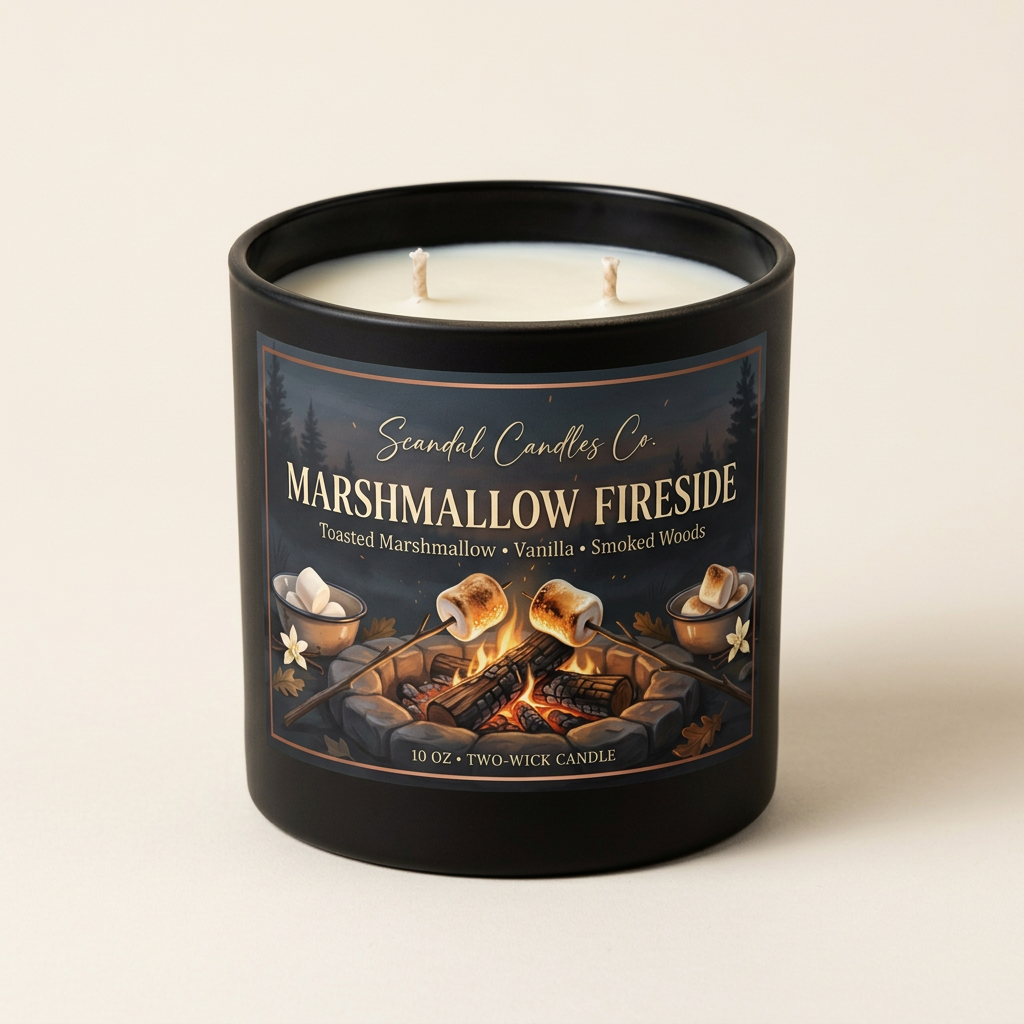 Marshmallow Fireside matte black two-wick candle, lid-free studio photo