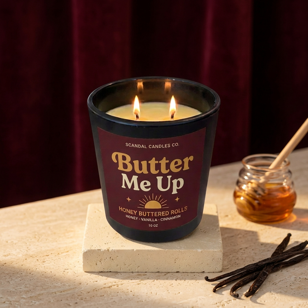 Butter Me Up candle on a buttercream stone plinth against a burgundy studio backdrop