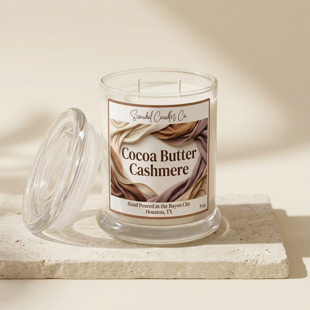 Cocoa Butter Cashmere candle with fabric-fold label on an ivory studio background