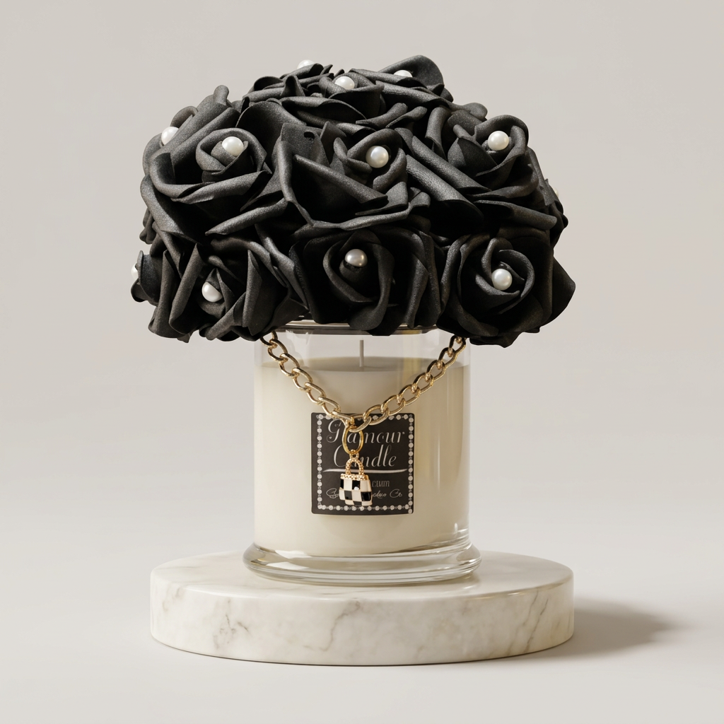 Black Glamour Candle with black rose and pearl lid and gold chain on an ivory studio pedestal