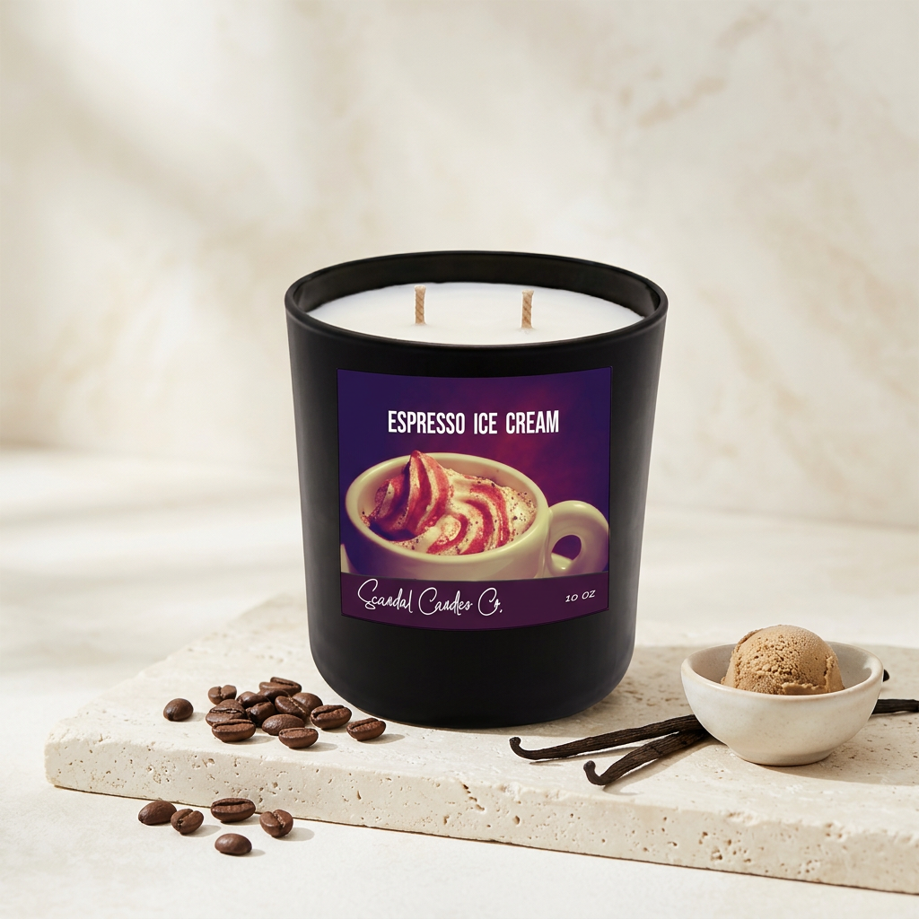 Espresso Ice Cream candle styled with coffee, vanilla and coffee ice cream
