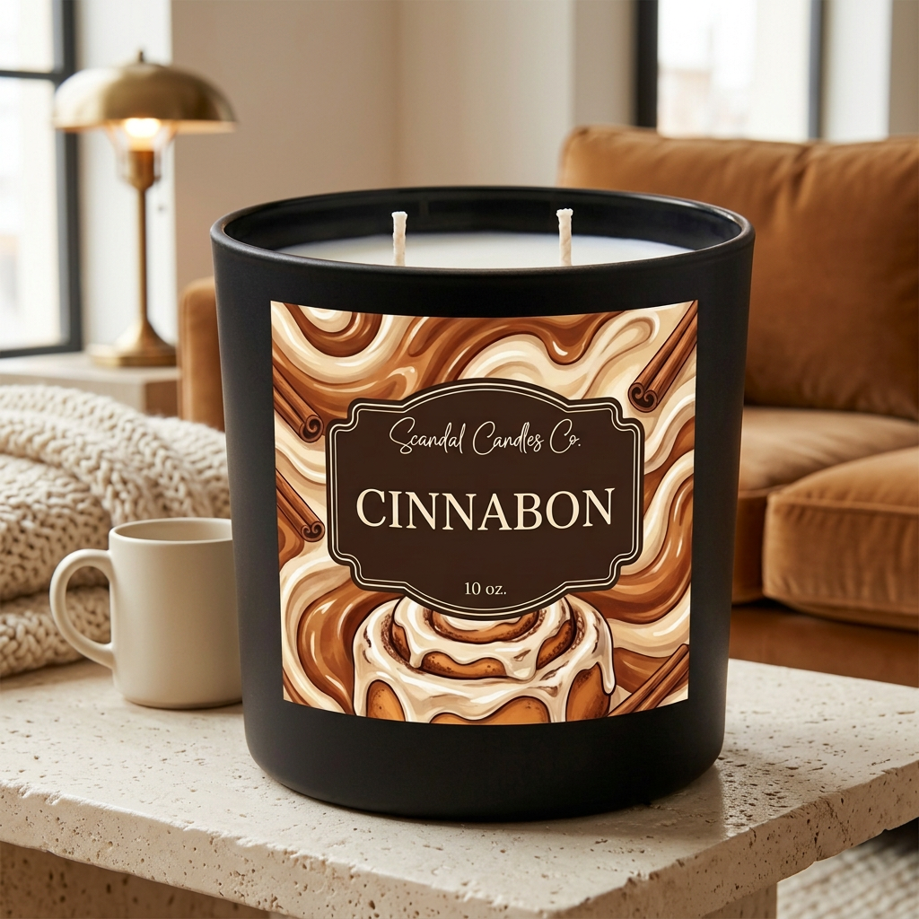 Cinnabon 10 oz candle in a cozy caramel living room with coffee and a knit throw