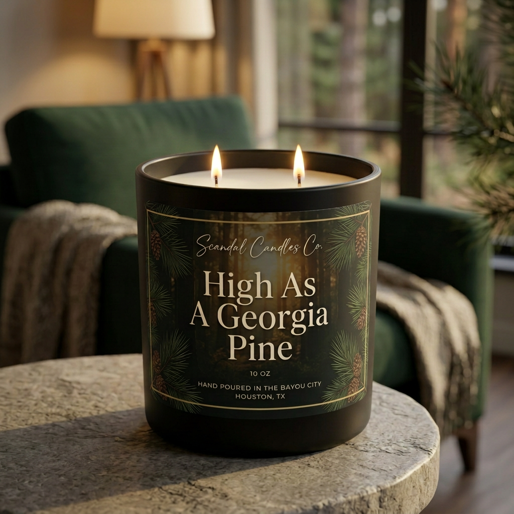 High As a Georgia Pine white-wax candle with two lit wicks in a cozy living room