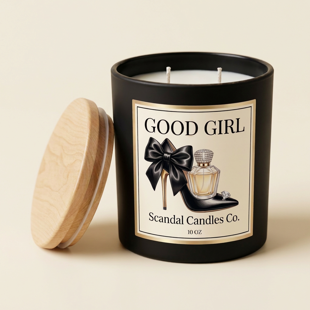 Good Girl candle with bow stiletto and perfume bottle label on an ivory background