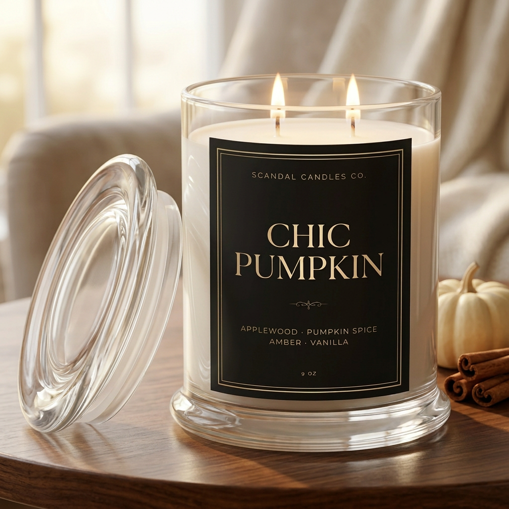 Chic Pumpkin black and gold label candle in a cozy autumn living room