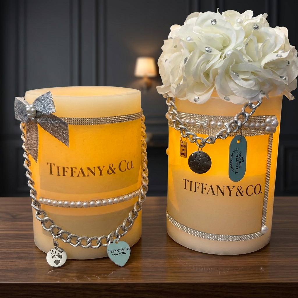 Illuminated decorative LED candle pair on a dark walnut console in an evening setting