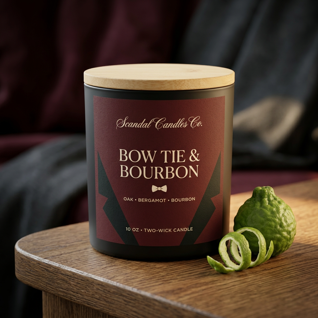 Bow Tie & Bourbon candle with burgundy After Hours label and wooden lid beside bergamot citrus on oak.