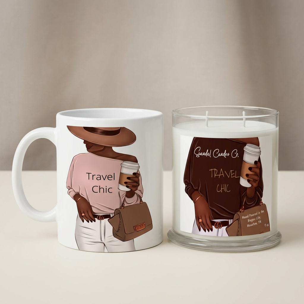 Travel Chic two-piece candle and mug set in a clean cream studio setting