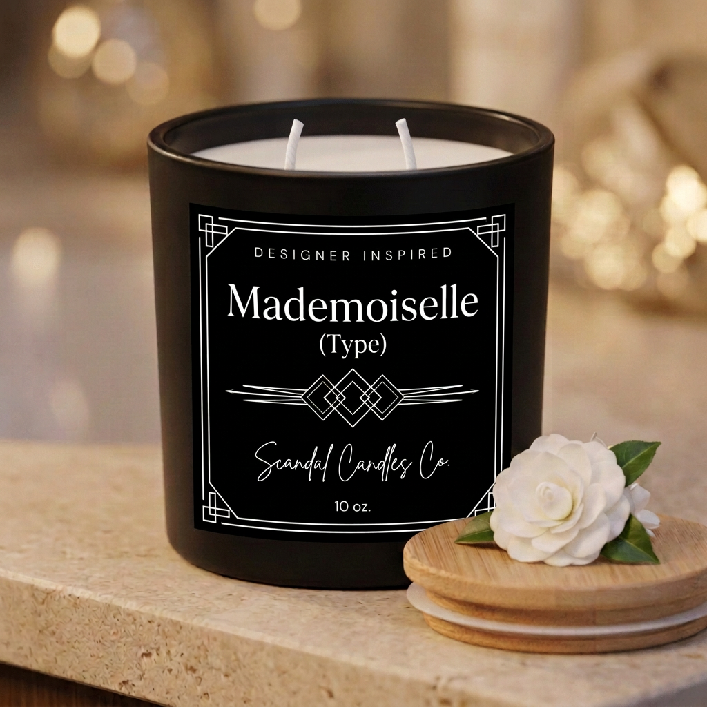 Mademoiselle boutique candle with two fresh white unburned wicks and bamboo lid