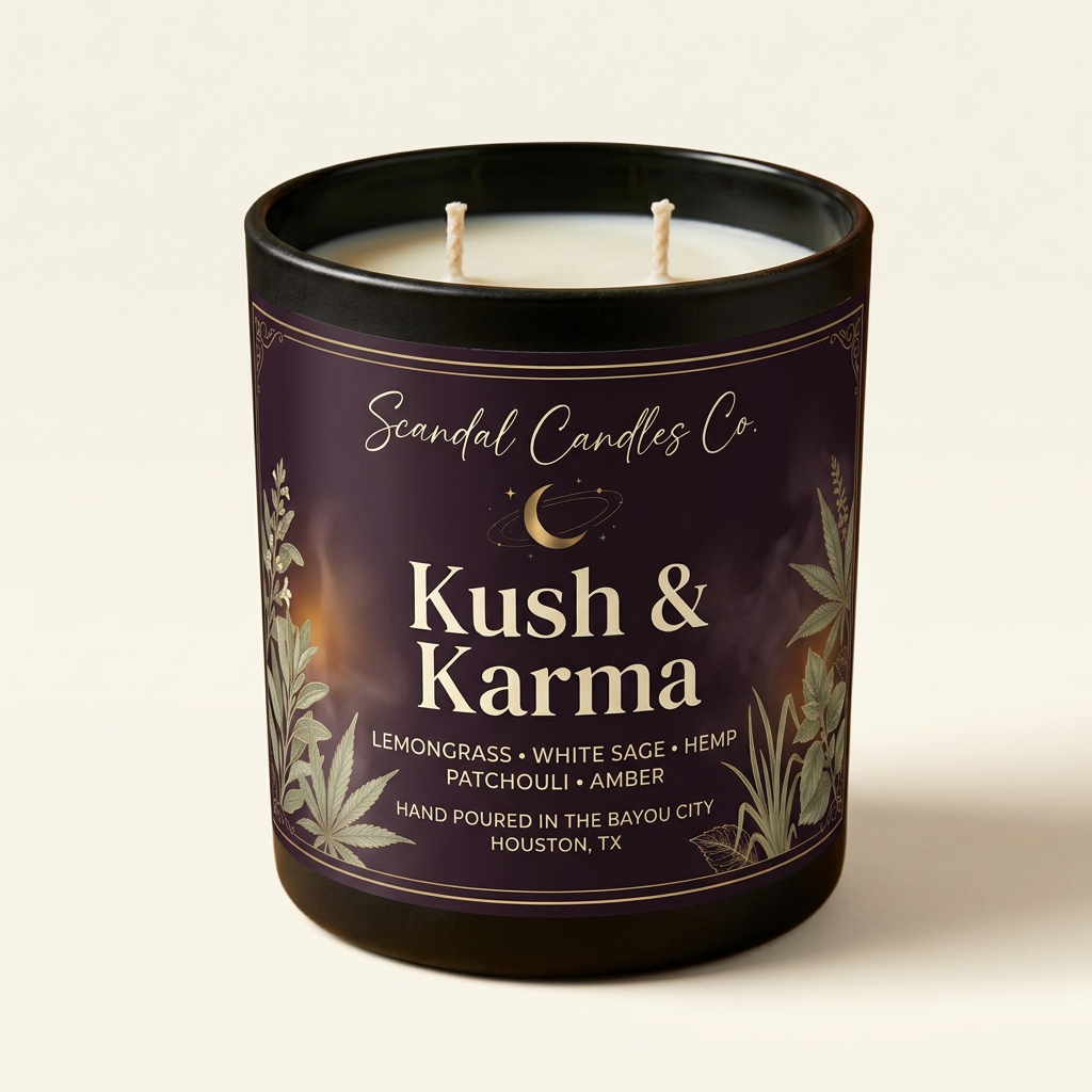 Kush & Karma black two-wick candle with white wax and smoky plum celestial botanical label on an ivory background