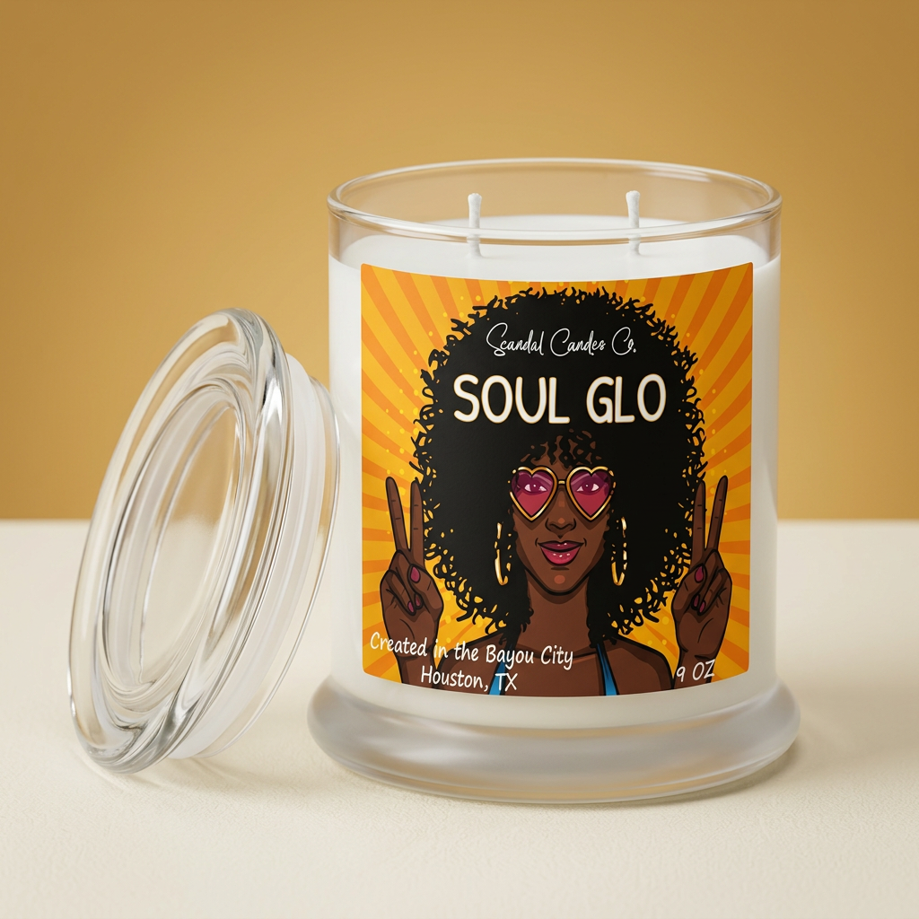 Soul Glo candle and glass lid in a warm golden studio setting