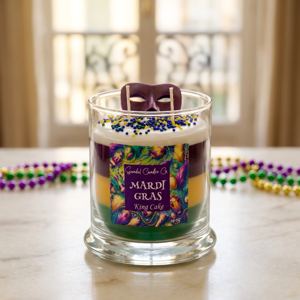 Mardi Gras King Cake candle on marble in a New Orleans-inspired setting with festive beads
