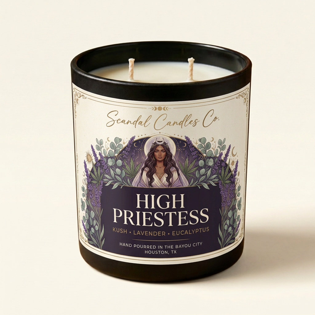 High Priestess black two-wick candle with white wax and illustrated bohemian priestess label on an ivory studio background