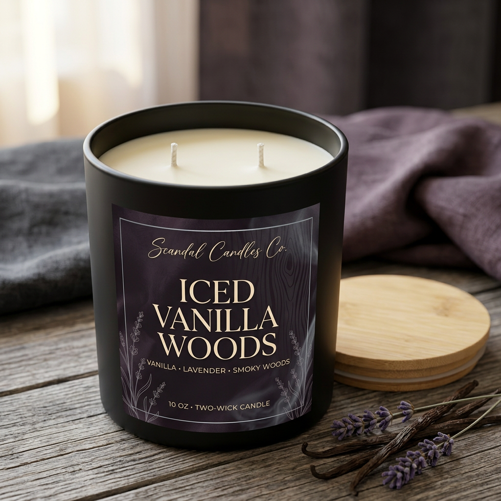 Open Iced Vanilla Woods candle with Velvet Ember label and two unlit wicks, wooden lid beside the jar, vanilla and lavender accents.