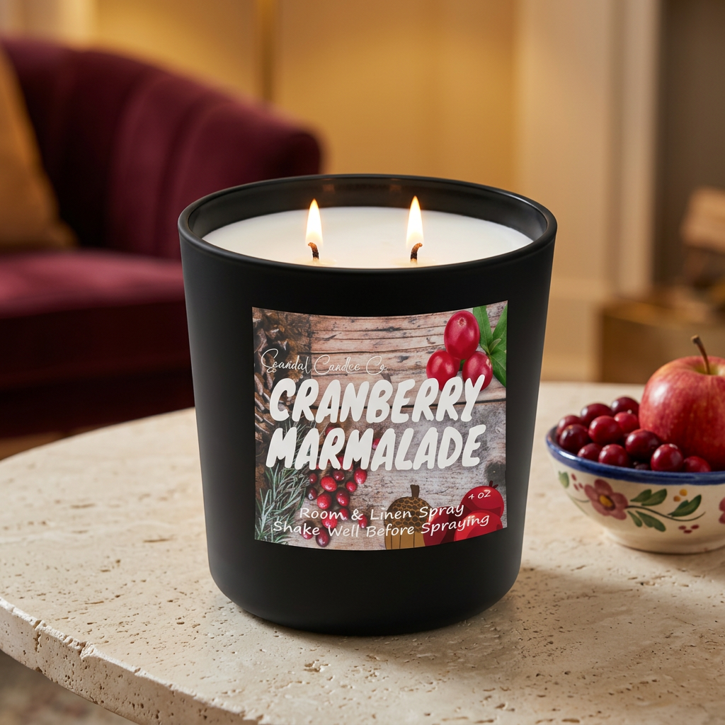 Cranberry Marmalade candle in a cozy seasonal living room