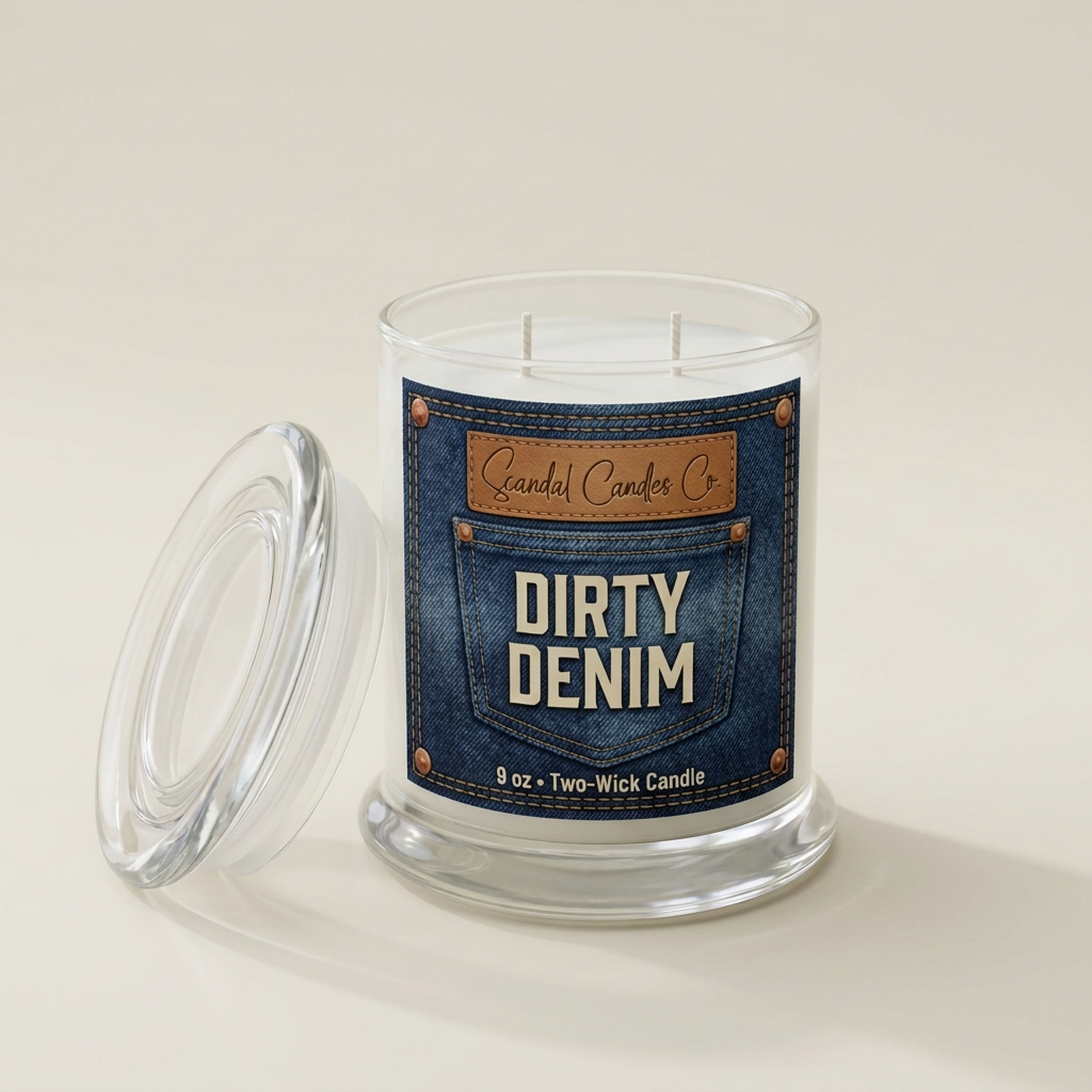 Dirty Denim candle with indigo stitched-pocket label on an ivory studio background