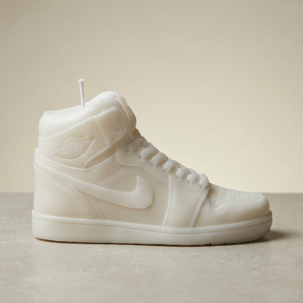 White high-top sneaker candle with unlit wick in a clean studio setting