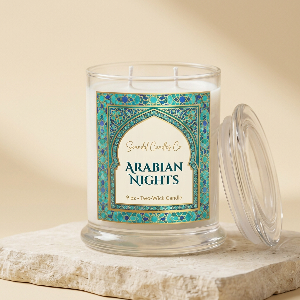 Arabian Nights candle with Moroccan mosaic label on an ivory studio background