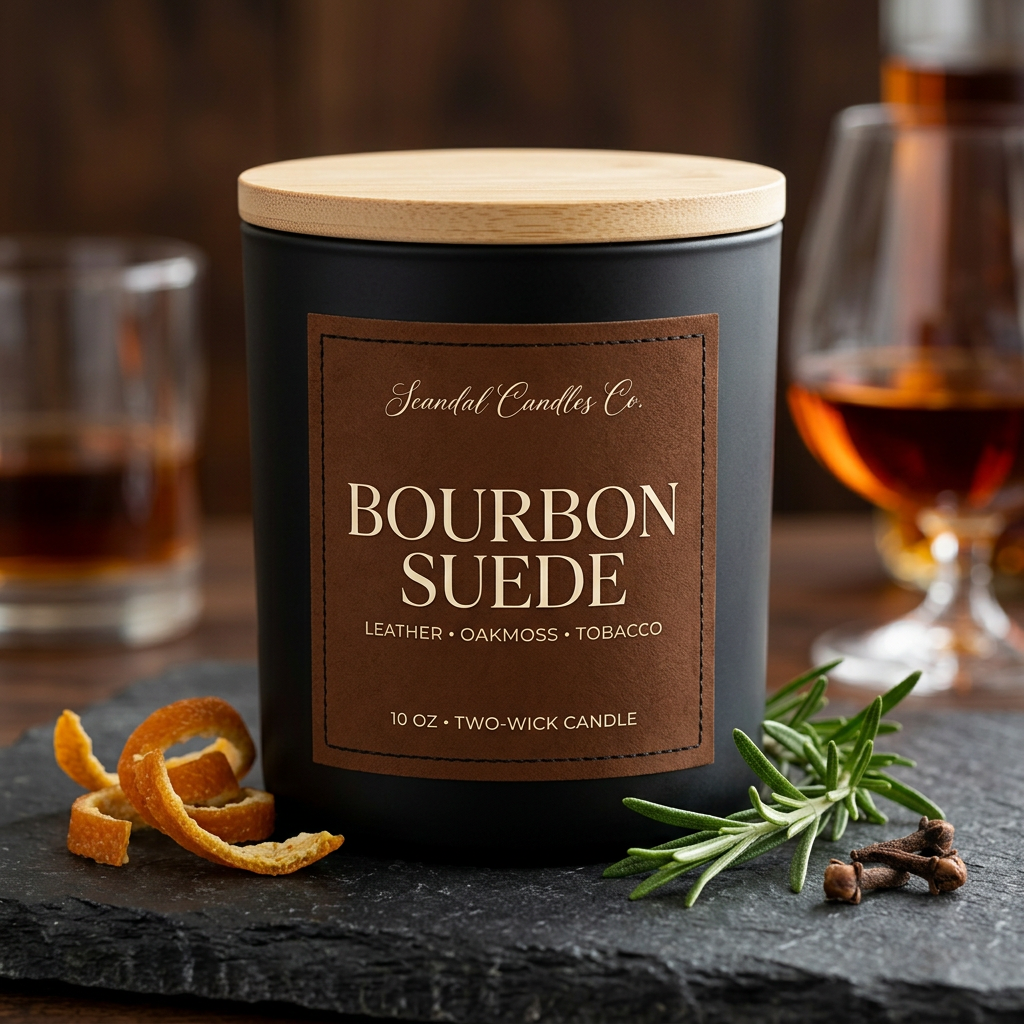 Bourbon Suede matte black candle with a wooden lid, styled with candied orange peel, rosemary and cloves.
