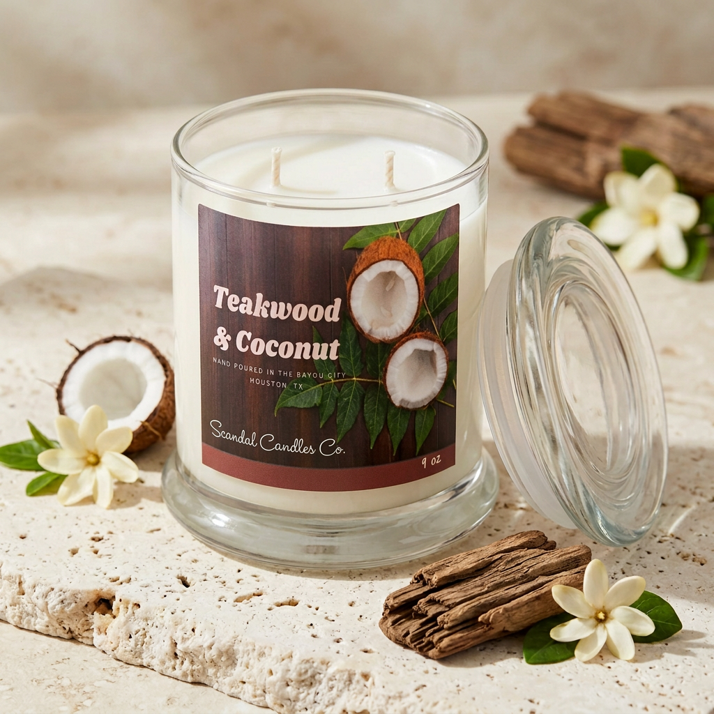 Teakwood & Coconut candle styled with coconut, teakwood and a tropical flower