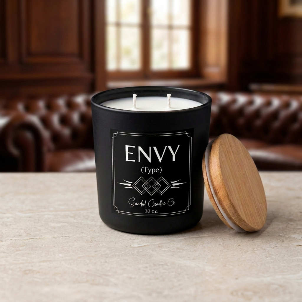 Envy (Type) boutique-label candle and bamboo lid in a leather lounge