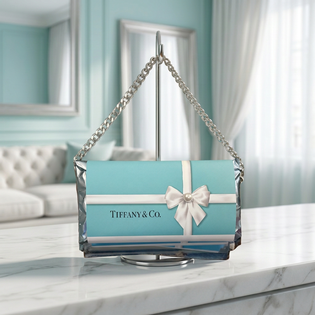 Aqua wax melt clutch with white bow and silver chain hanging from a silver display hook in an elegant aqua and white room