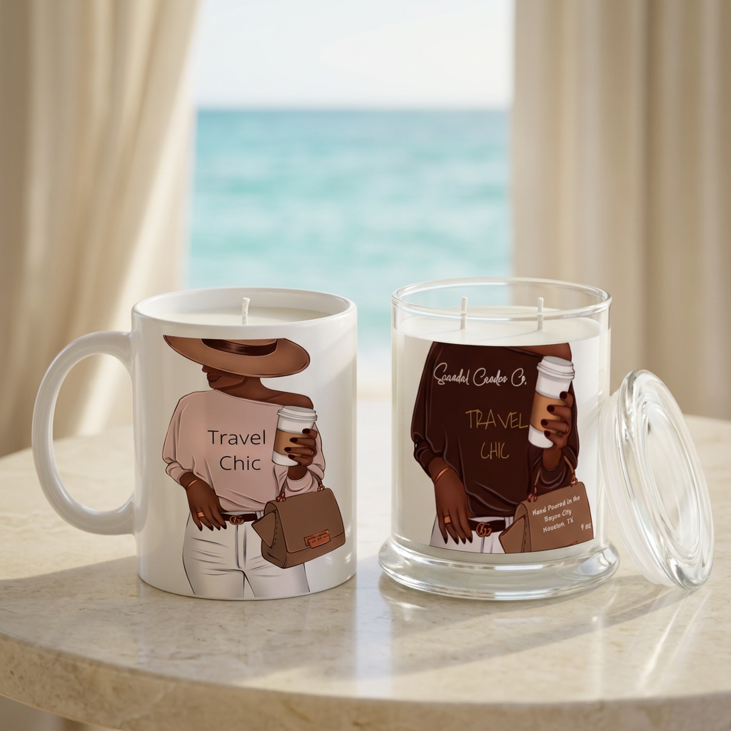 Travel Chic candle and mug set in an airy seaside resort setting
