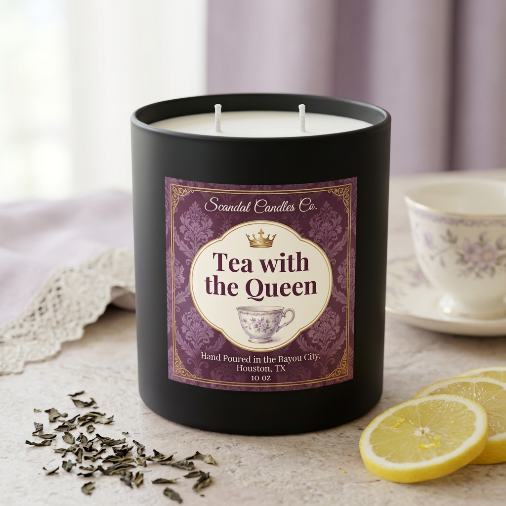 Tea with the Queen candle styled with lemon, tea leaves and a porcelain teacup