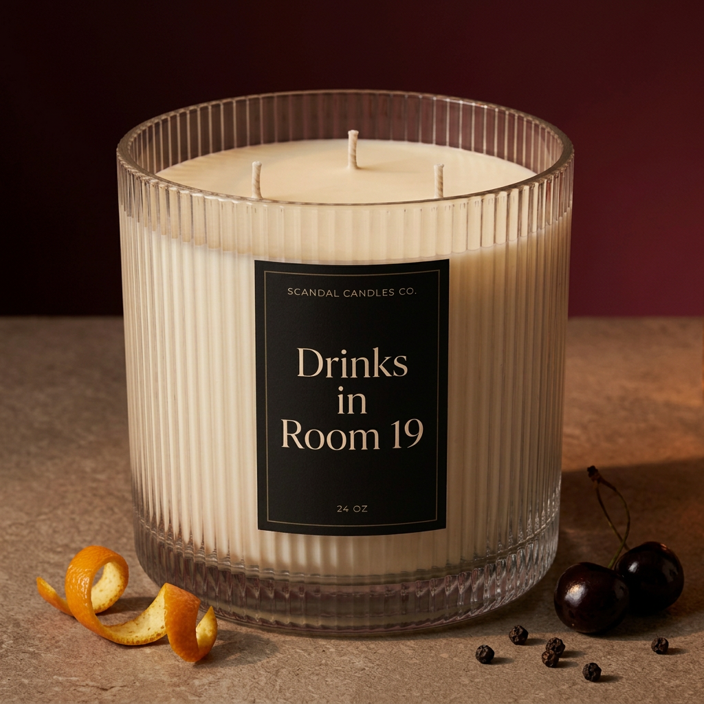 Drinks in Room 19 three-wick candle styled with citrus, cherries and black pepper