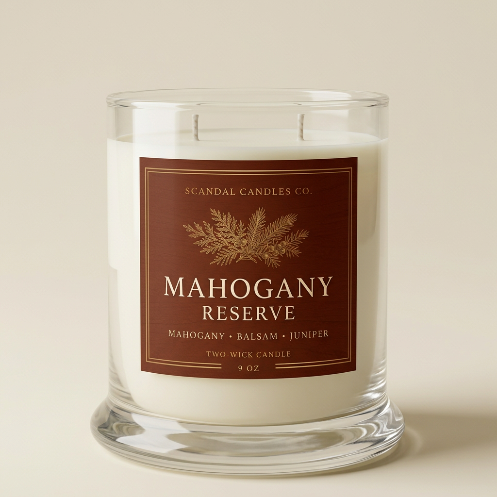 Mahogany Reserve 9 oz candle in clear flared-base jar, front view