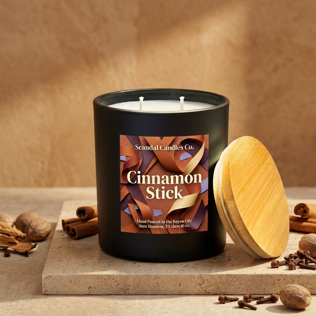 Cinnamon Stick candle with sculptural ribbon label styled with cinnamon and spices
