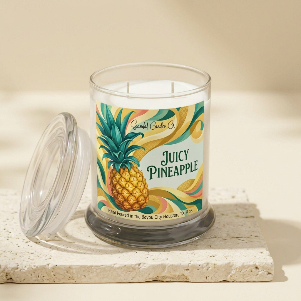 Juicy Pineapple candle with abstract tropical label in a cream studio setting