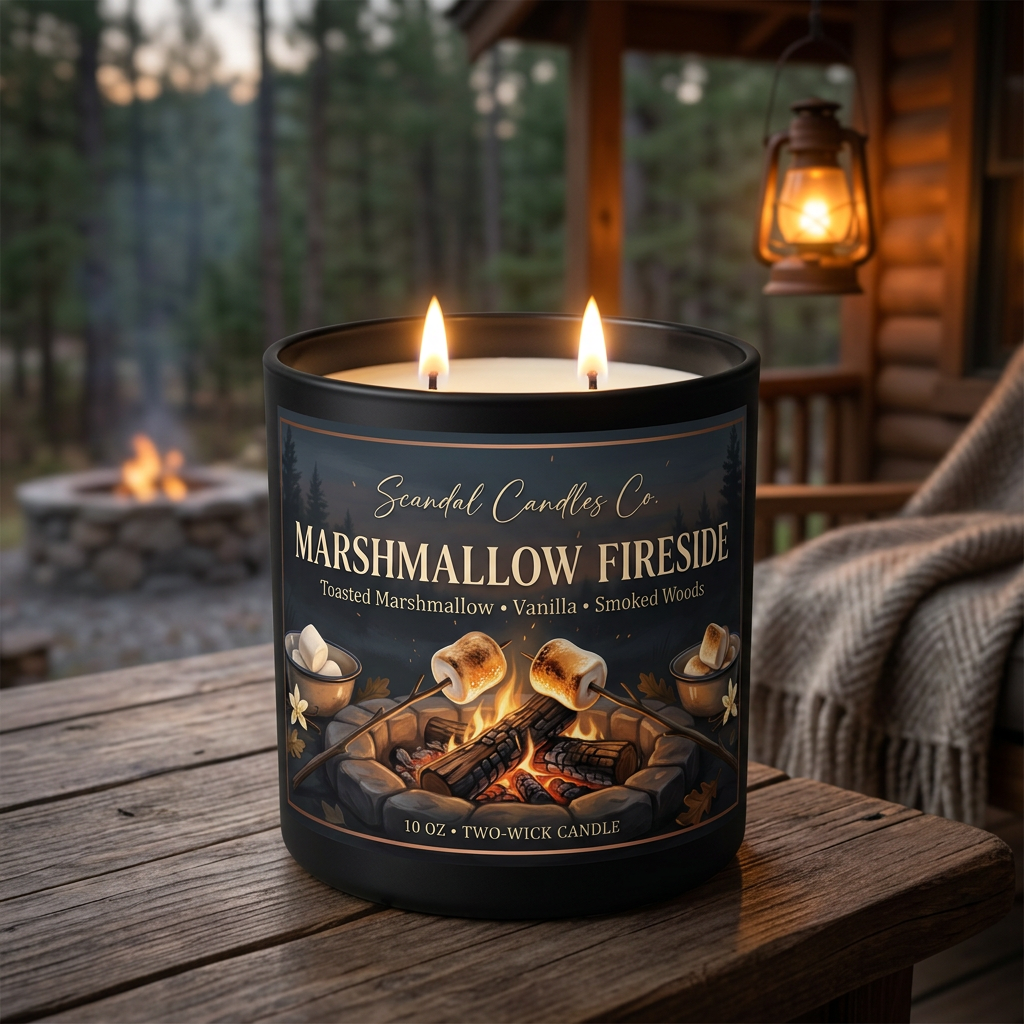 Marshmallow Fireside candle on a cozy cabin porch at dusk, no lid