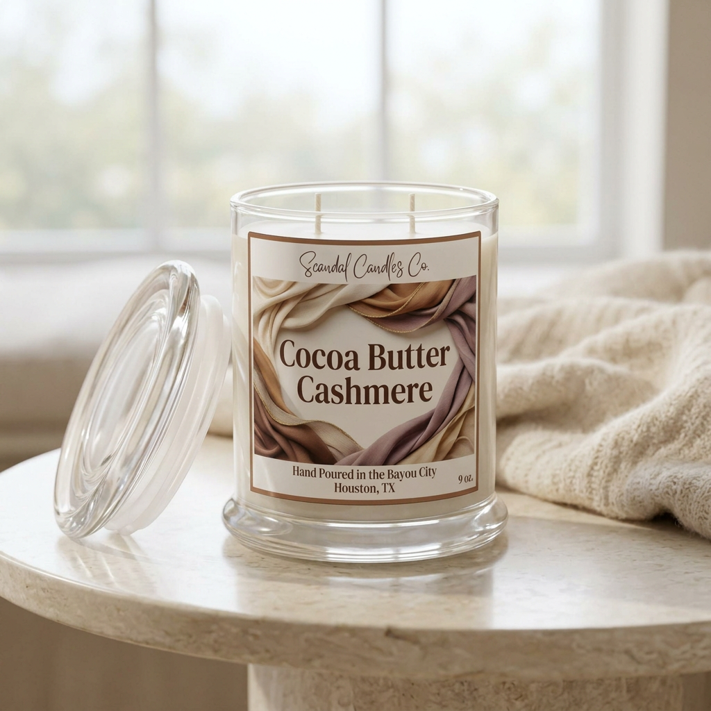 Cocoa Butter Cashmere candle with fabric-fold label in a cozy cream living room