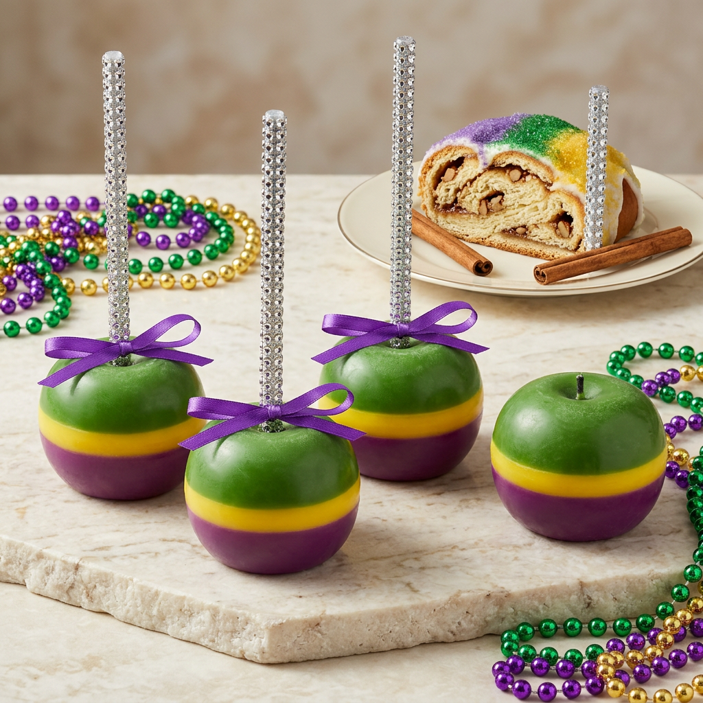 Mardi Gras apple-shaped candle set with King Cake-inspired fragrance styling